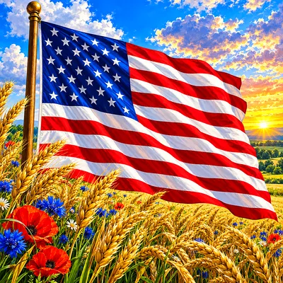 Close-up square diamond painting of an American flag waving over a golden wheat field in a lush botanical style.