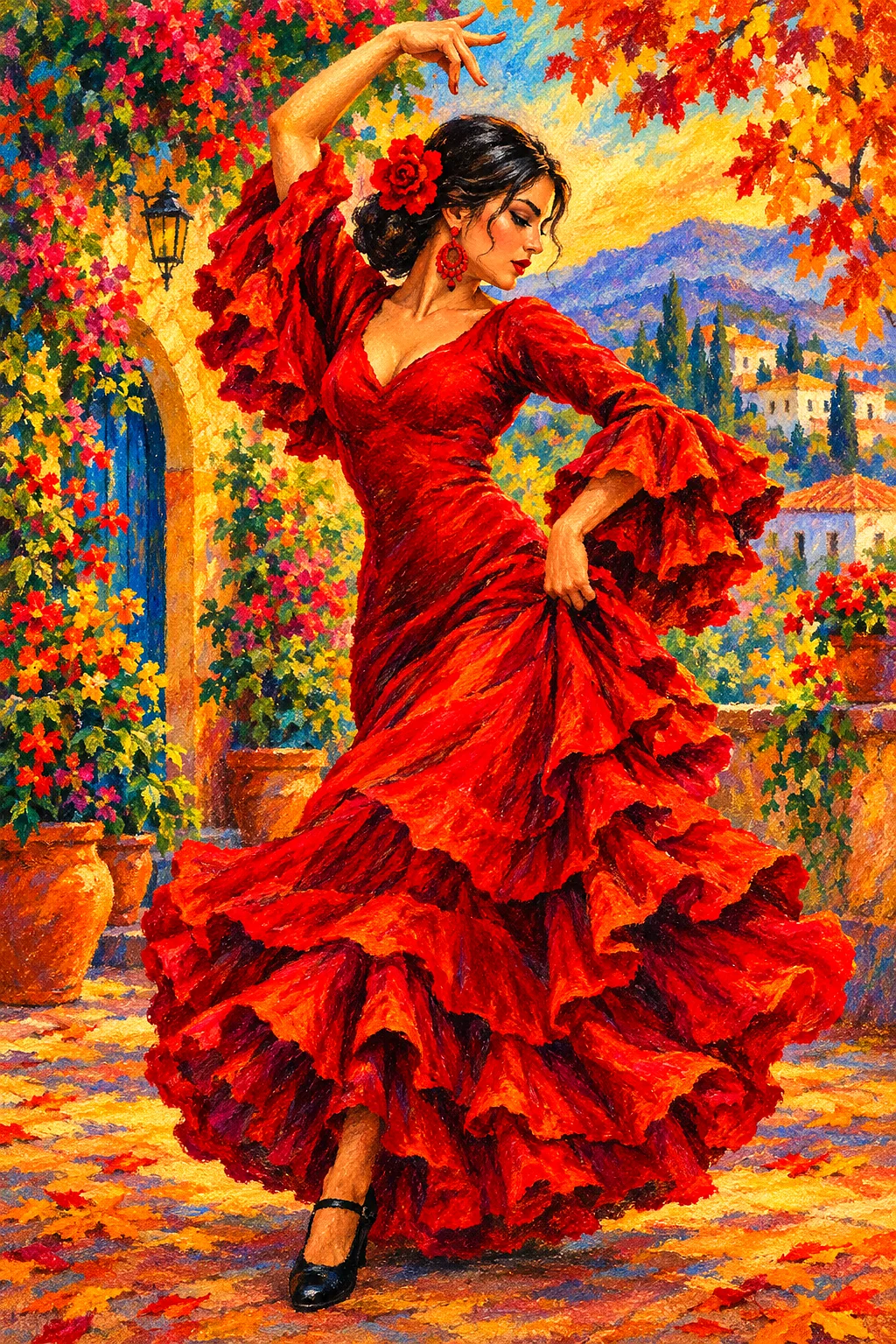 A vibrant diamond painting kit depicting a flamenco dancer in a swirling red dress against a backdrop of rich autumn colors, with a soft pastel chalk