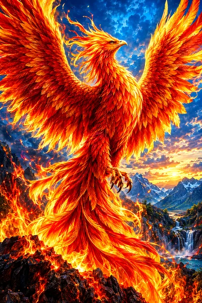Hyper-detailed, photorealistic portrait diamond painting of a fiery phoenix with dramatic rim lighting rising from flames, displaying vivid true-to-li