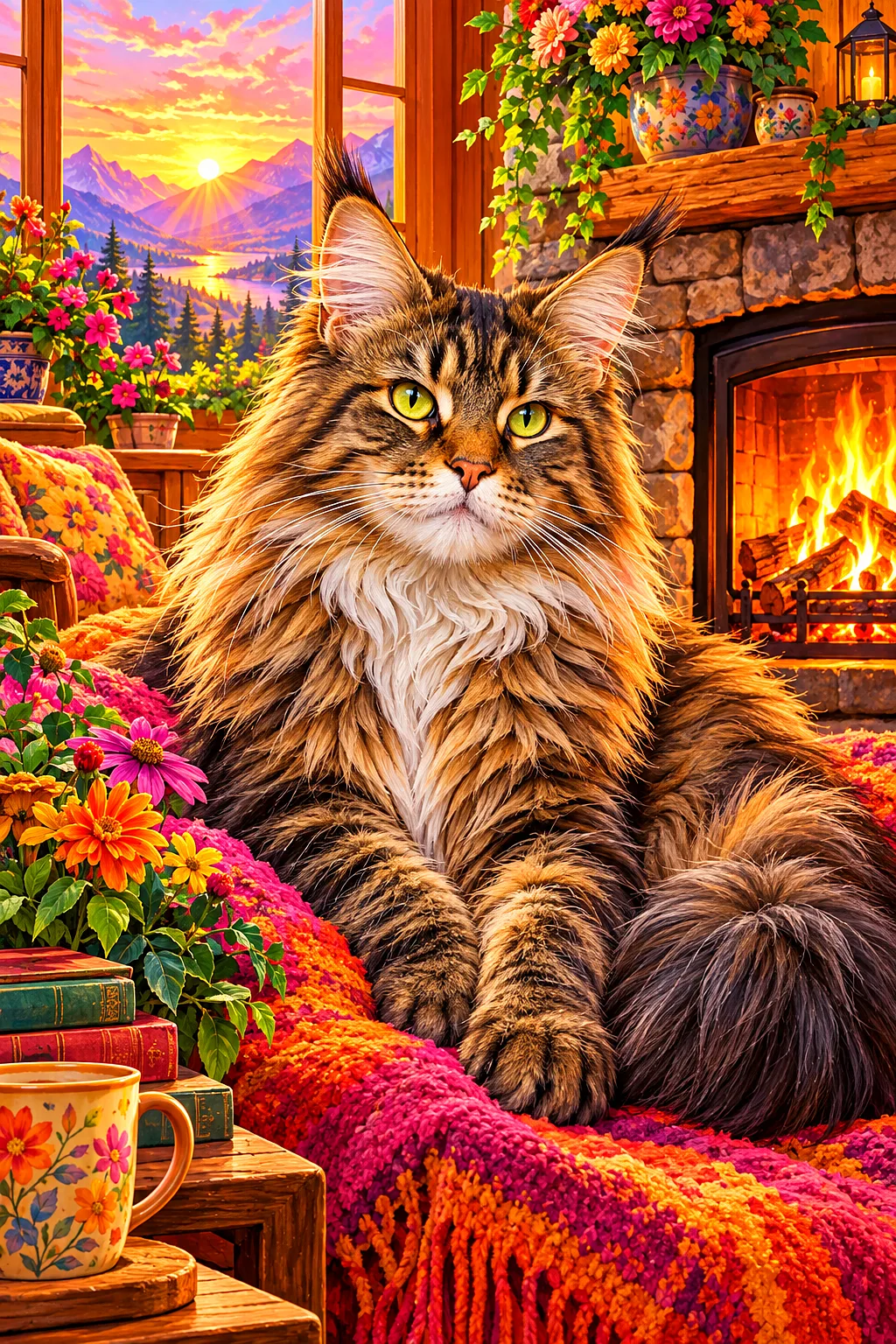 Portrait diamond painting of a large, fluffy brown Maine Coon cat with golden eyes, sleeping by a fireplace in an illustration style with pink, orange