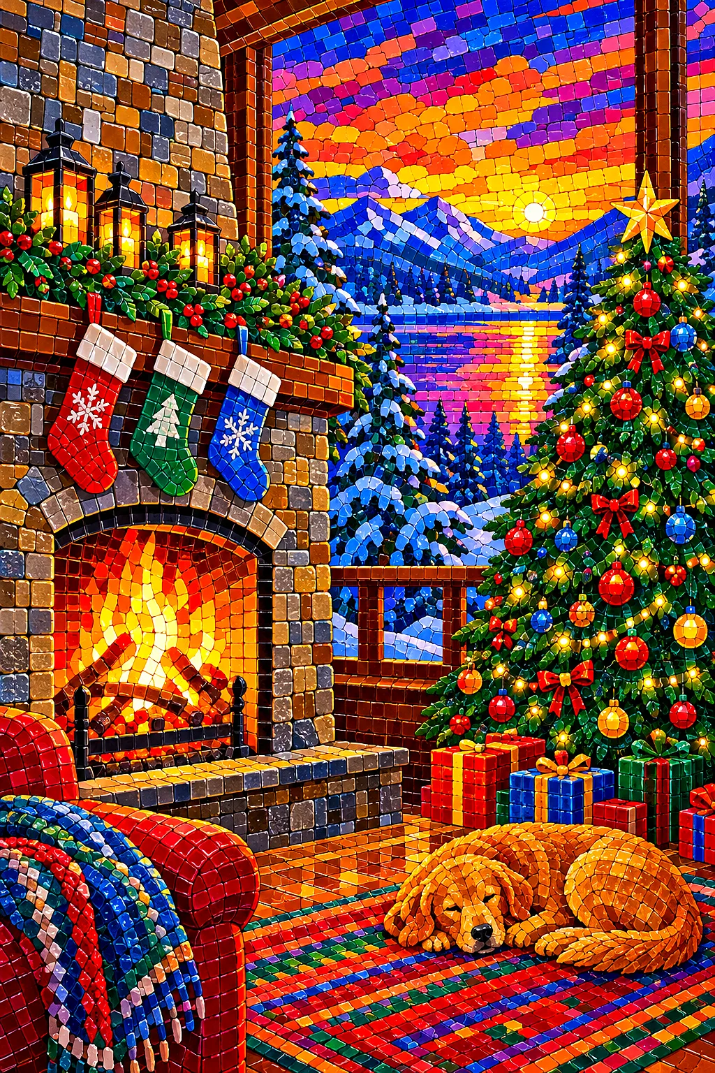 A completed diamond painting depicting a cozy fireplace with stockings hung, a Christmas tree, all under a vibrant sunset sky in a glossy ceramic mosa