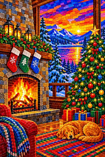 A completed diamond painting depicting a cozy fireplace with stockings hung, a Christmas tree, all under a vibrant sunset sky in a glossy ceramic mosa