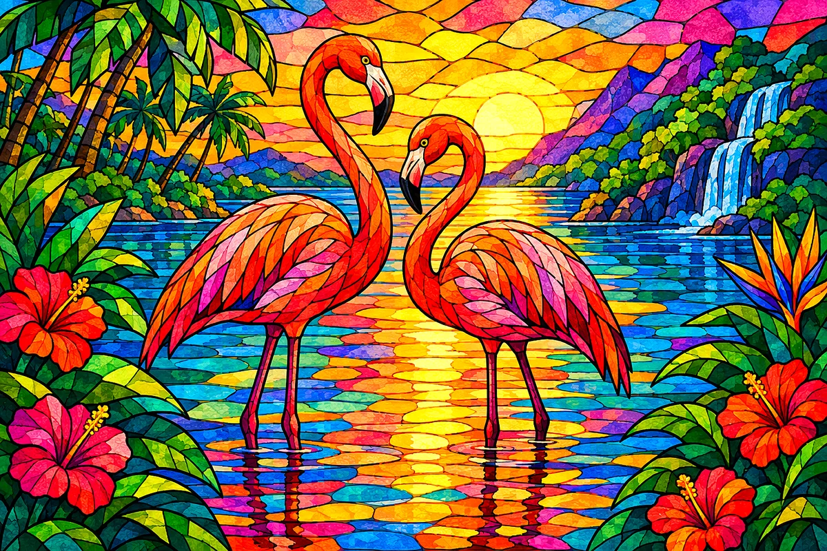 Completed diamond painting kit showing several pink flamingos wading in a calm, tropical lagoon at sunset, depicted in a jewel-toned stained glass mos