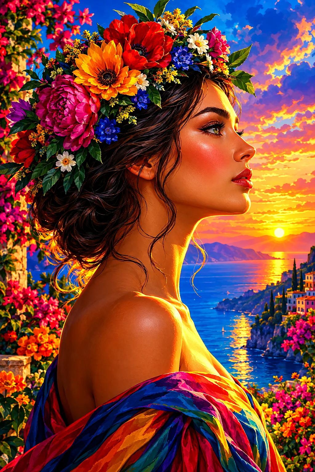 Close-up of a woman in profile with a crown of vibrant, colorful flowers, depicted with dramatic rim lighting and deep contrast.