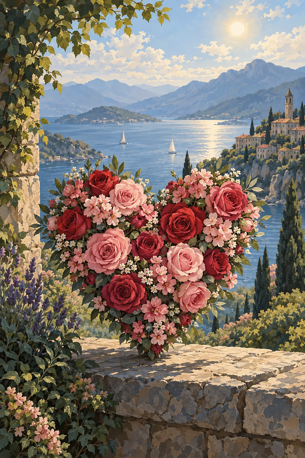 Portrait diamond painting featuring a heart shape made of various pink and red flowers, set against a dark, moody background with soft amber lighting,
