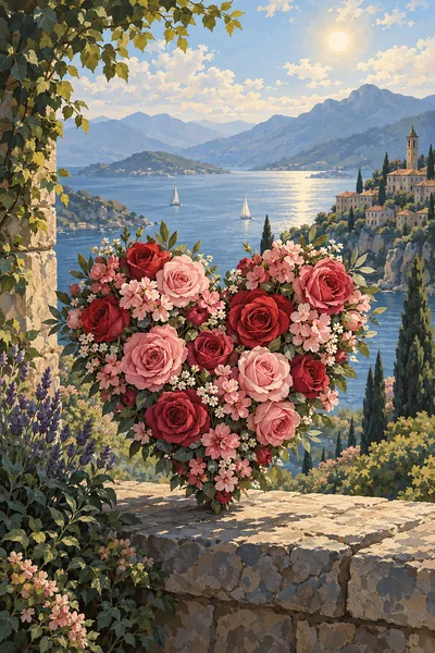 Portrait diamond painting featuring a heart shape made of various pink and red flowers, set against a dark, moody background with soft amber lighting,