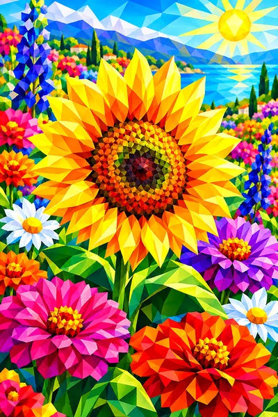 Close-up of a finished floral kaleidoscope diamond painting kit, showing faceted low-poly geometric flowers in sharp gradients of vivid colors like pi