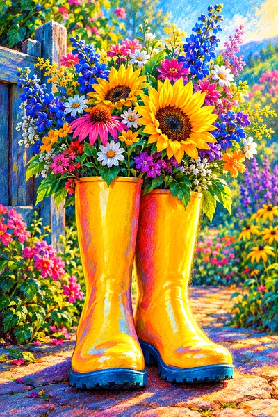 Portrait oriented diamond painting kit featuring rain boots filled with a vibrant bouquet of flowers, rendered in a soft pastel chalk style with drama