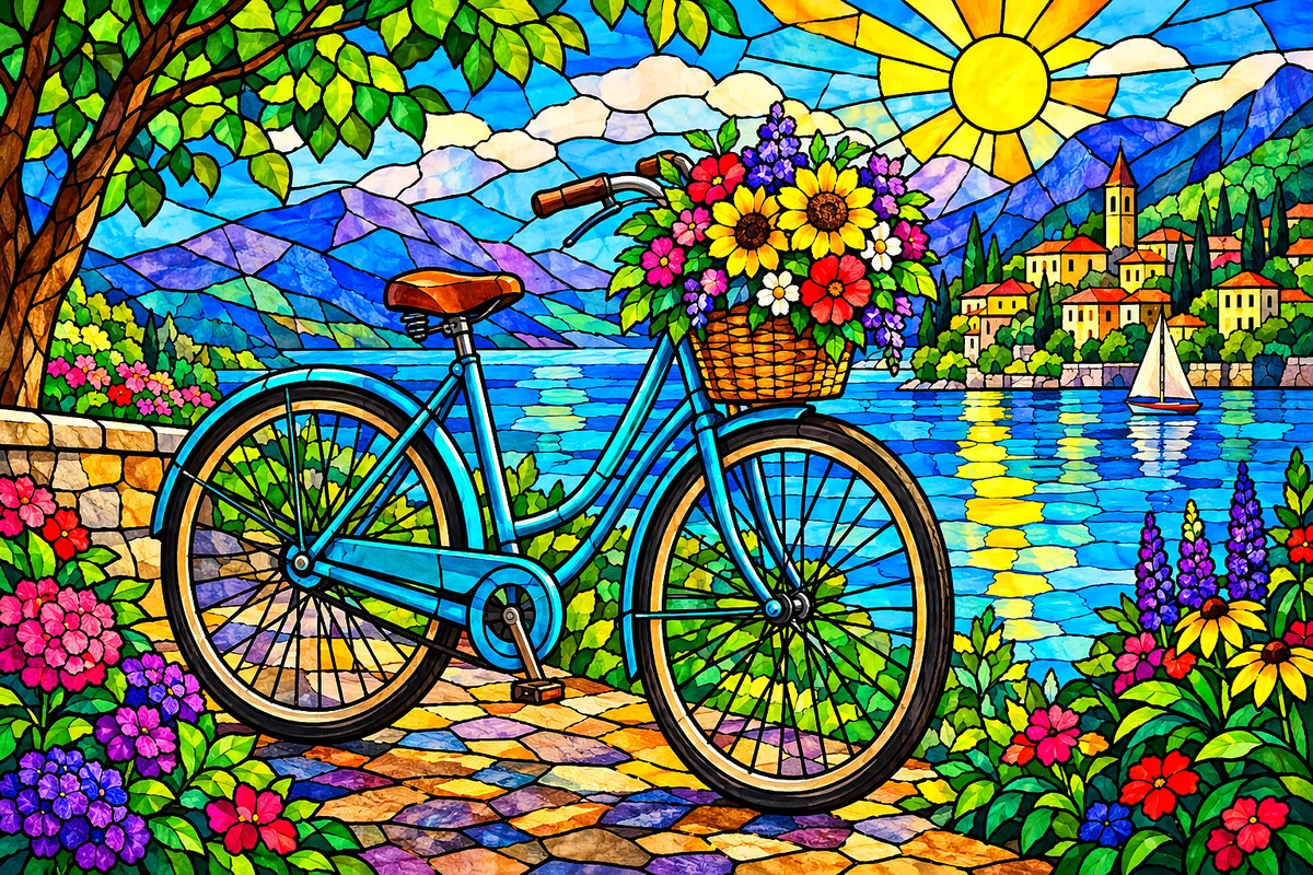 Landscape diamond painting depicting a vintage bicycle with a basket full of colorful flowers in a jewel-toned stained glass mosaic style with bold da