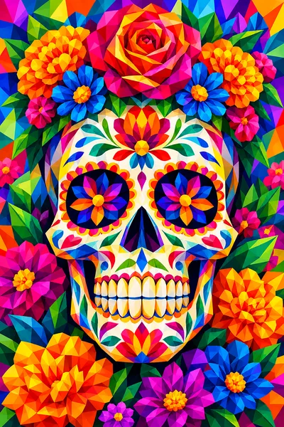 Close-up of a finished diamond painting showing a faceted, low-poly style sugar skull surrounded by colorful flowers on a dark background.