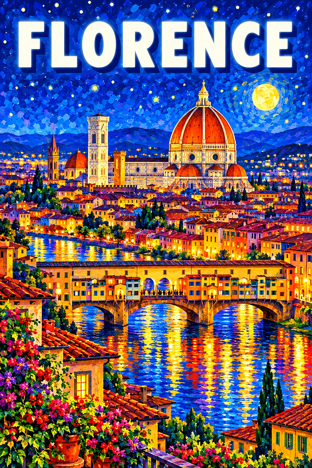 Florence by night Italy: a terracotta rooftop view of a huge brick cathedral dome and an old bridge of shops over a river, at
