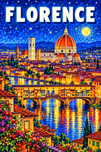 Florence by night Italy: a terracotta rooftop view of a huge brick cathedral dome and an old bridge of shops over a river, at