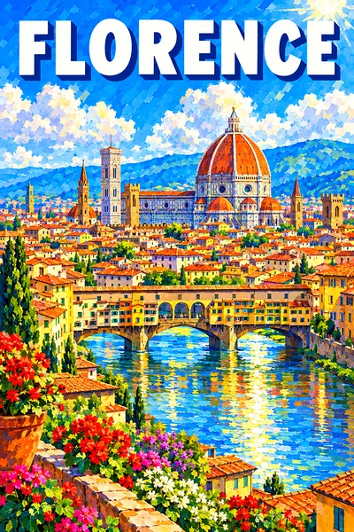 Portrait view of a diamond painting depicting a terracotta rooftop cityscape of Florence by Day, featuring a large brick cathedral dome, an old bridge