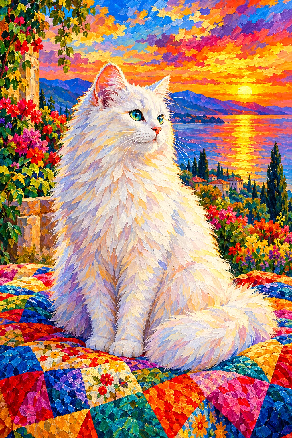 Fluffy white cat on a quilt under a vivid sunset sky, impressionist painting