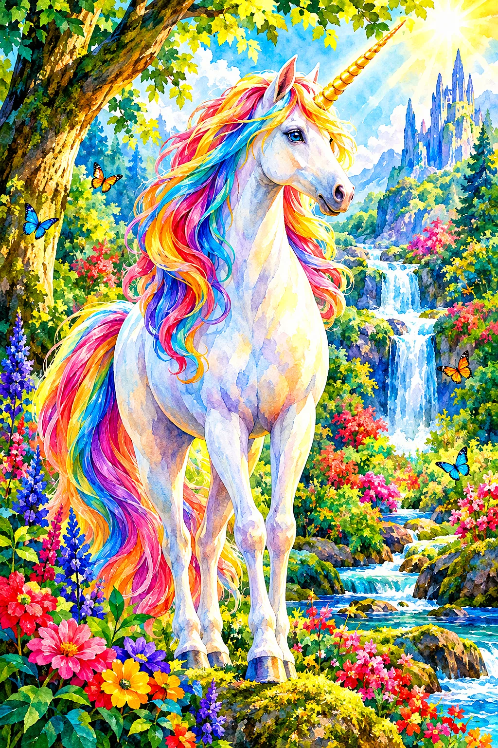 A luminous watercolor diamond painting kit depicting a white unicorn with a flowing mane and tail, standing in an enchanted forest glowing with bright