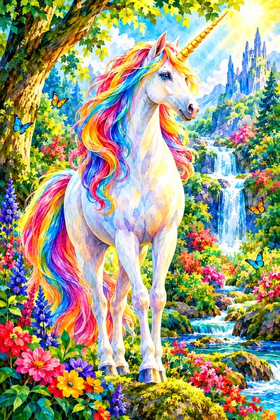 A luminous watercolor diamond painting kit depicting a white unicorn with a flowing mane and tail, standing in an enchanted forest glowing with bright