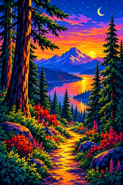 Retro vintage illustration style diamond painting of a forest path at twilight with bold trees and a luminous, jewel-toned sky.