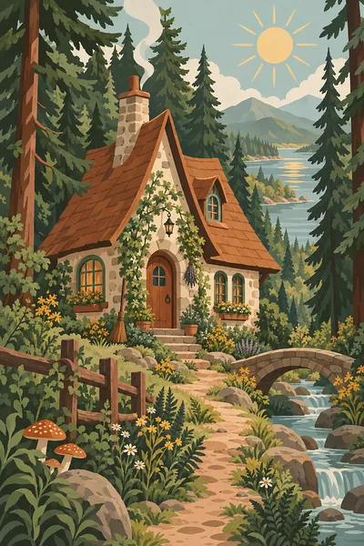 A modern boho illustration of a witch's cottage with a pointed roof and whimsical details, surrounded by simple flat trees and foliage, all rendered i