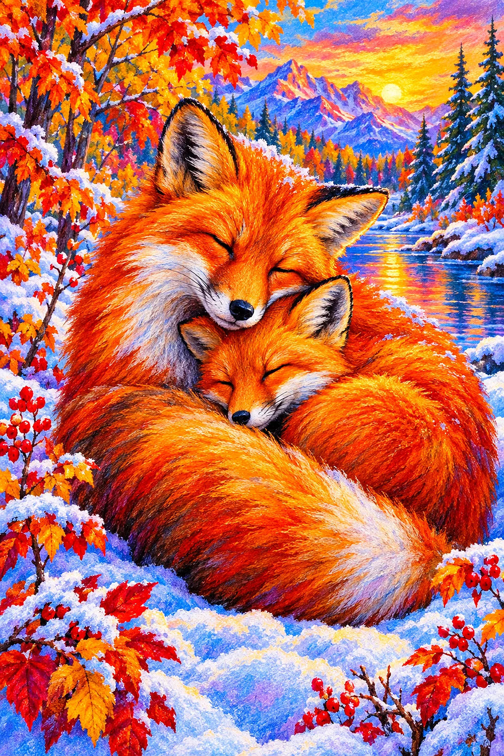 Two foxes with rich autumn-toned fur curled together in soft pastel snow, rendered in a vibrant, velvety chalk drawing style.