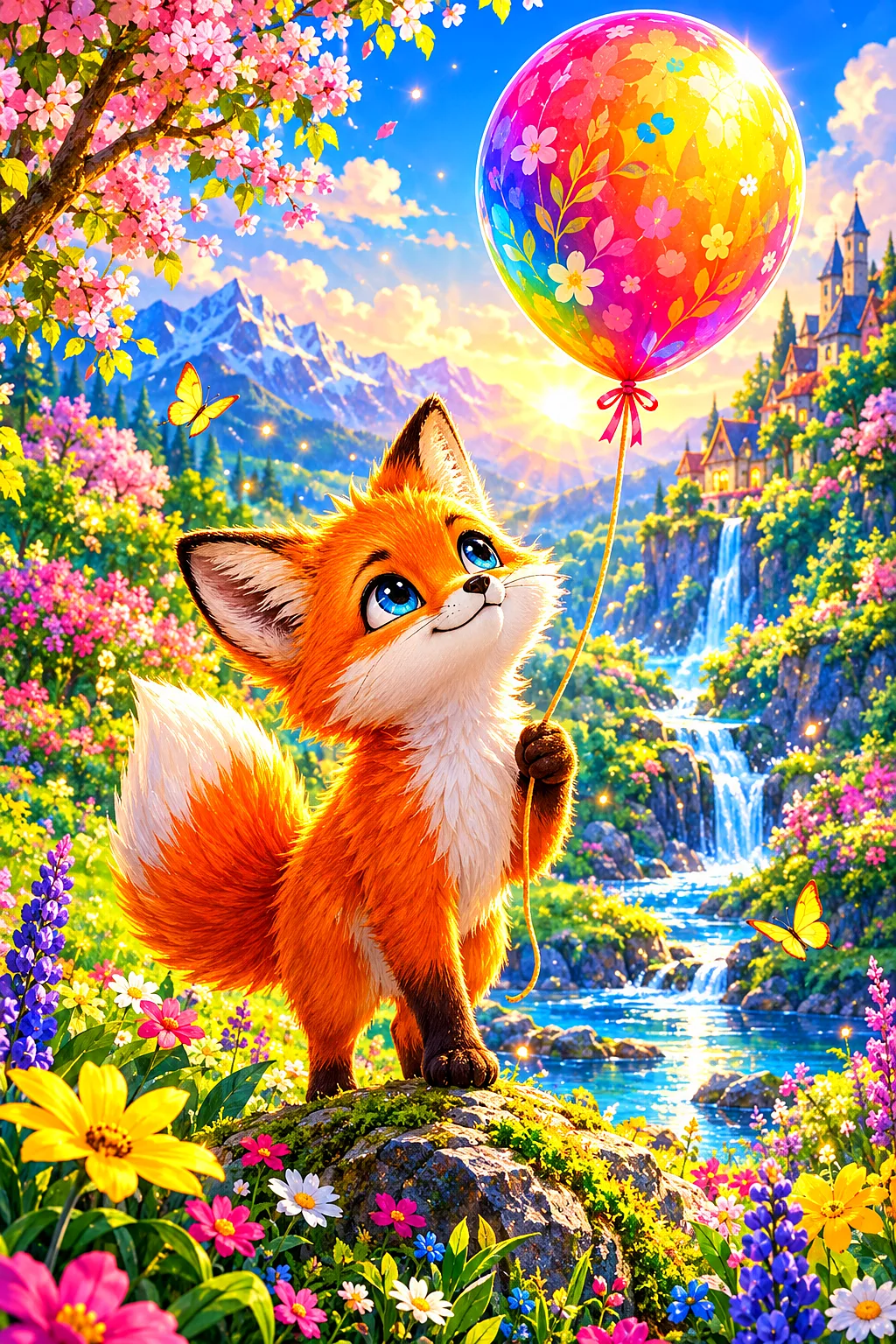 Dreamy fantasy illustration of a small, orange fox holding a glowing, pastel blue balloon, surrounded by magical sparkles in bright spring colors, on