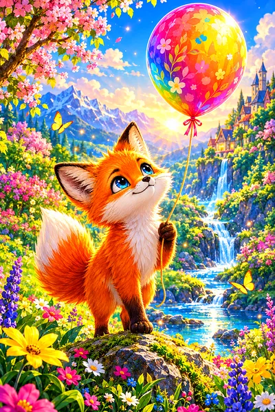 Dreamy fantasy illustration of a small, orange fox holding a glowing, pastel blue balloon, surrounded by magical sparkles in bright spring colors, on