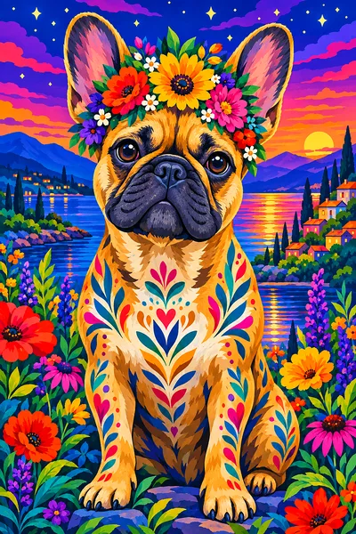 French bulldog with flower crown at twilight with a jewel-toned sky, bright folk art illustration