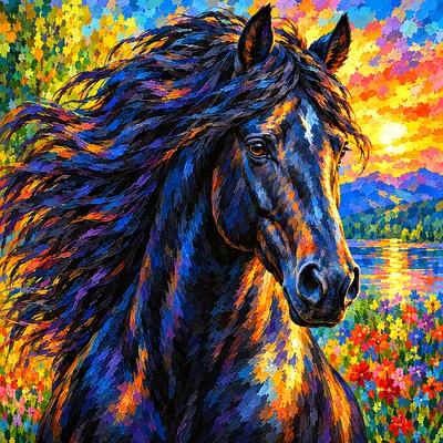 Close-up impressionist diamond painting of a black stallion with a flowing mane, dappled light and radiant colors.