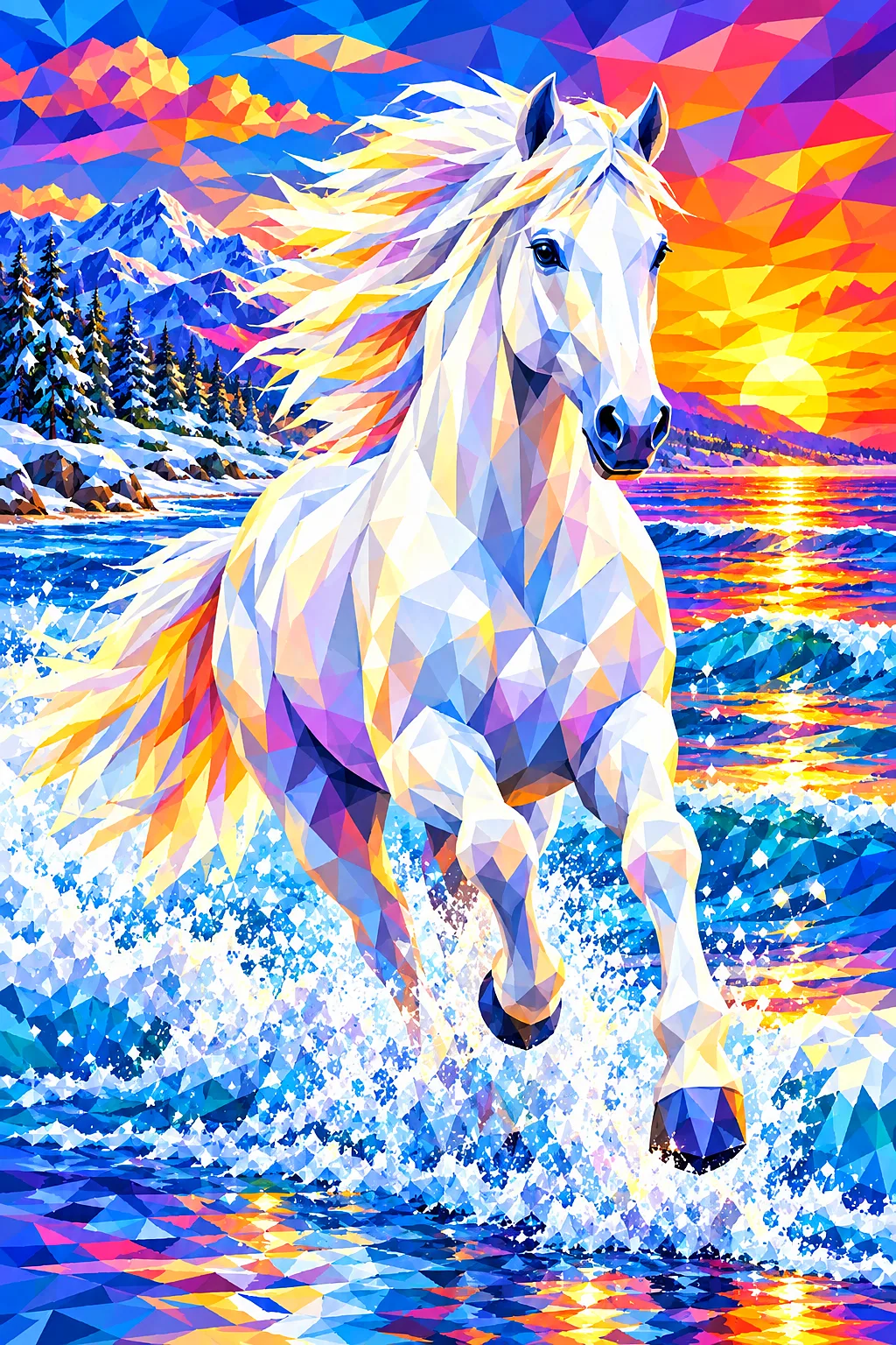 Portrait diamond painting kit depicting a white horse galloping through ocean surf at sunset in a faceted low-poly geometric art style with sharp grad