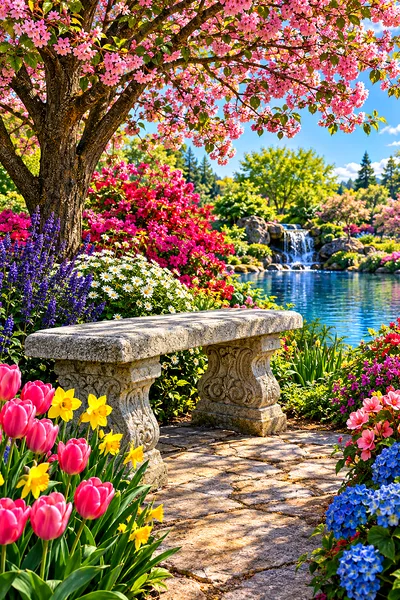 Hyper-detailed photorealistic painting of a peaceful garden with a stone bench, vibrant spring flowers, and lush green foliage in bright, true-to-life