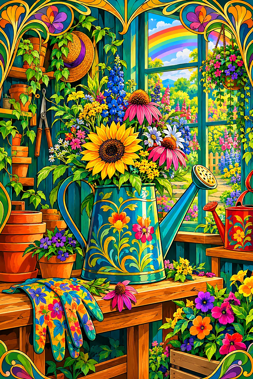 Art nouveau illustration of a potting shed with colorful watering cans, overflowing flowers in a rainbow palette, and flowing ornamental lines.