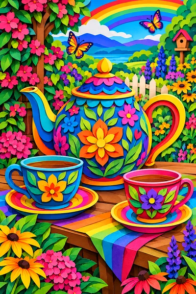 Portrait oriented diamond painting kit featuring a teapot and two teacups in a garden with a rainbow color palette, rendered in a layered papercut art