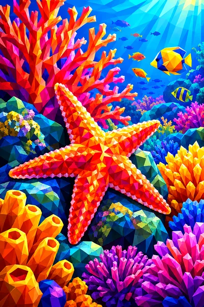 Close-up of a finished faceted low-poly geometric diamond painting showing a vibrant coral garden with a starfish, dramatic rim lighting, and deep con