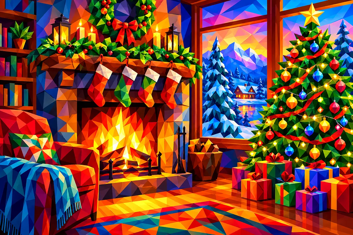 Landscape diamond painting kit featuring a geometric, low-poly fireplace with vivid, sharp gradients, stockings, and a Christmas tree.