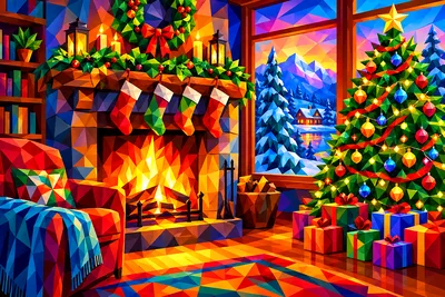 Landscape diamond painting kit featuring a geometric, low-poly fireplace with vivid, sharp gradients, stockings, and a Christmas tree.