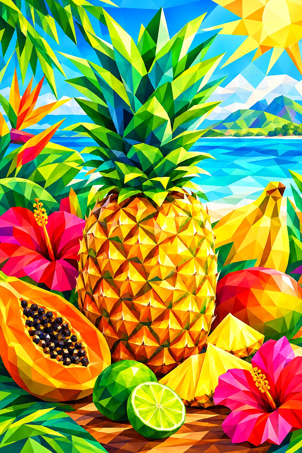 Portrait diamond painting of faceted low-poly pineapples and other tropical fruit in vivid colors against a bright background, resembling a sunny summ