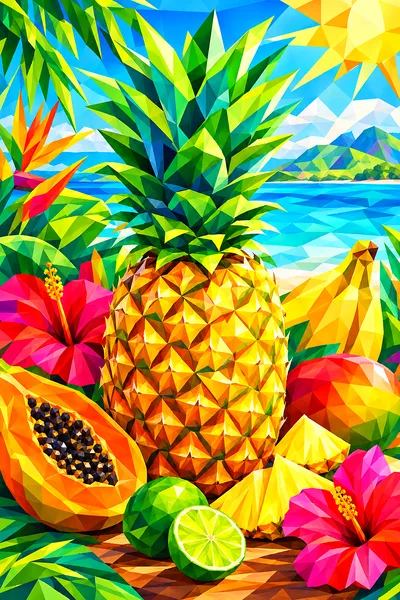 Portrait diamond painting of faceted low-poly pineapples and other tropical fruit in vivid colors against a bright background, resembling a sunny summ