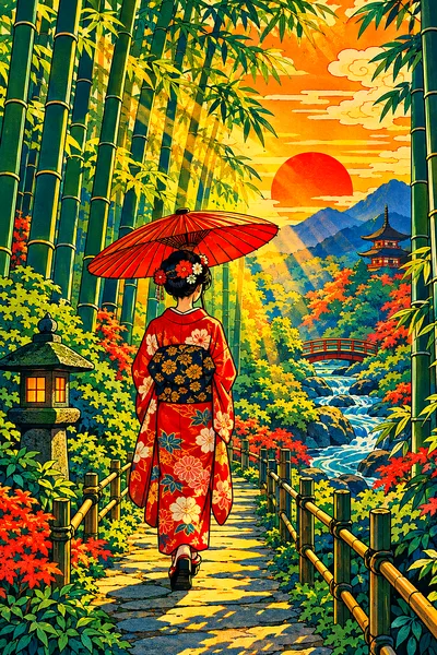 Diamond painting kit depicting a path through a bamboo forest with warm golden light rays shining through the leaves, in the style of a traditional Ja