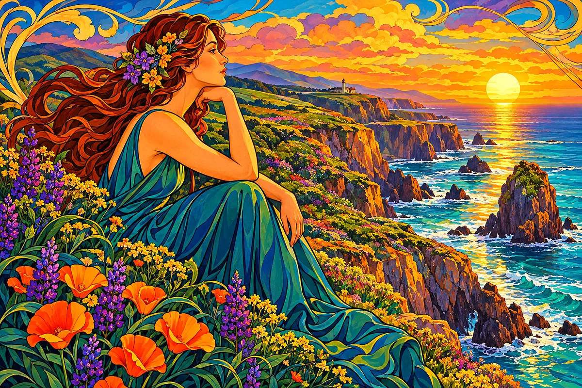 Completed landscape diamond painting depicting art nouveau coastal cliffs with wildflowers at golden hour in rich jewel tones.