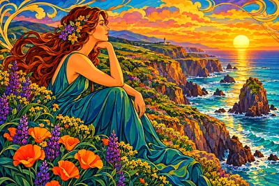 Completed landscape diamond painting depicting art nouveau coastal cliffs with wildflowers at golden hour in rich jewel tones.