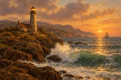 Diamond painting kit depicting a breaking ocean wave at sunset with warm golden light in a classical oil painting style.