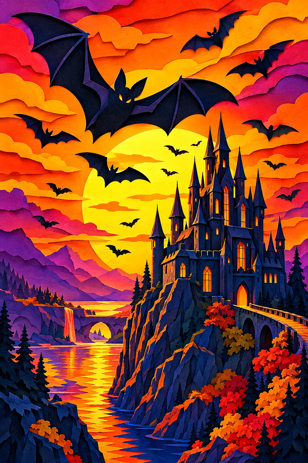 Portrait diamond painting of a spooky castle at golden hour with bats flying around it, in a layered papercut art style with deep shadows and warm glo