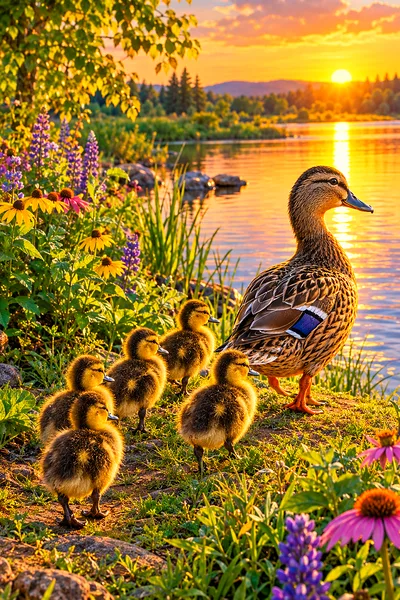 Hyper-detailed photorealistic diamond painting depicting ducklings following their mother duck at golden hour, with warm glowing light on a portrait c
