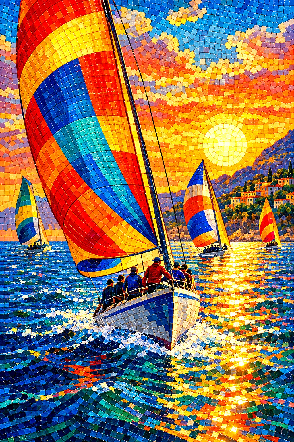 Portrait diamond painting of a sailboat race on a sparkling sea at golden hour, rendered in a glossy ceramic mosaic tile art style with tiny, vivid dr