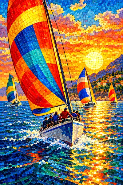 Portrait diamond painting of a sailboat race on a sparkling sea at golden hour, rendered in a glossy ceramic mosaic tile art style with tiny, vivid dr