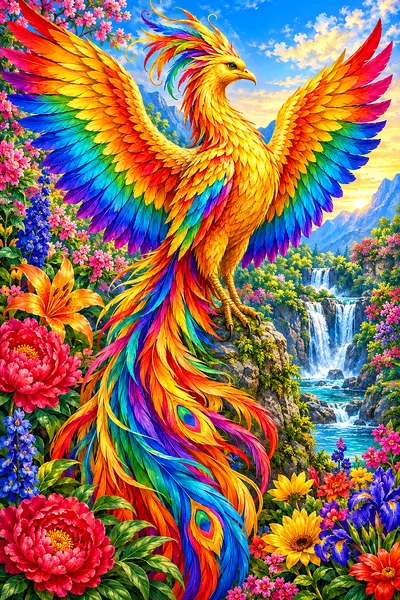 Portrait canvas of a golden phoenix with expansive rainbow-colored feathers, perched among brightly colored, finely detailed botanical flowers.