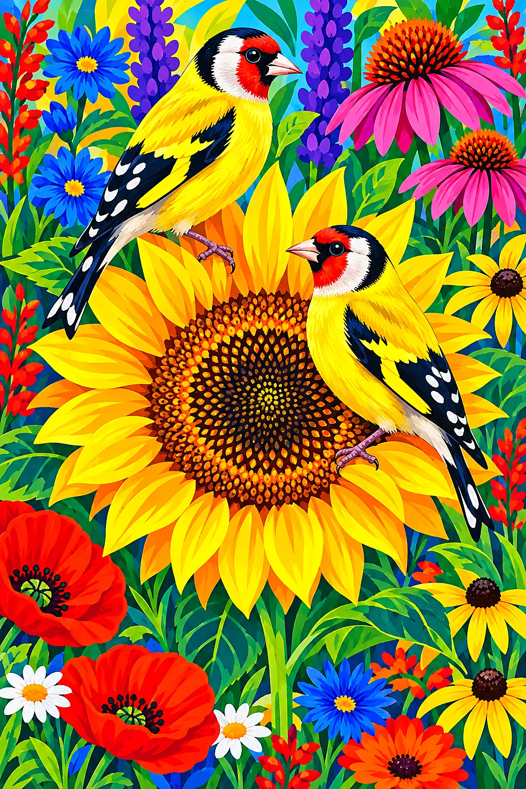 Bright folk art illustration diamond painting depicting two goldfinches perched on a large, detailed sunflower, surrounded by colorful, patterned flow