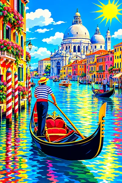 Portrait diamond painting kit canvas featuring a bold pop art illustration of the Venetian Grand Canal with gondolas, a domed basilica, and electric n