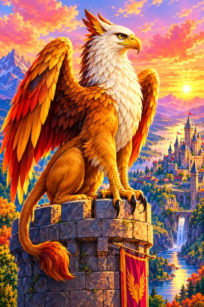 A magnificent griffin with golden feathers and a lion's body perched on a stone castle tower at sunrise, with a pink, orange, and gold sky.