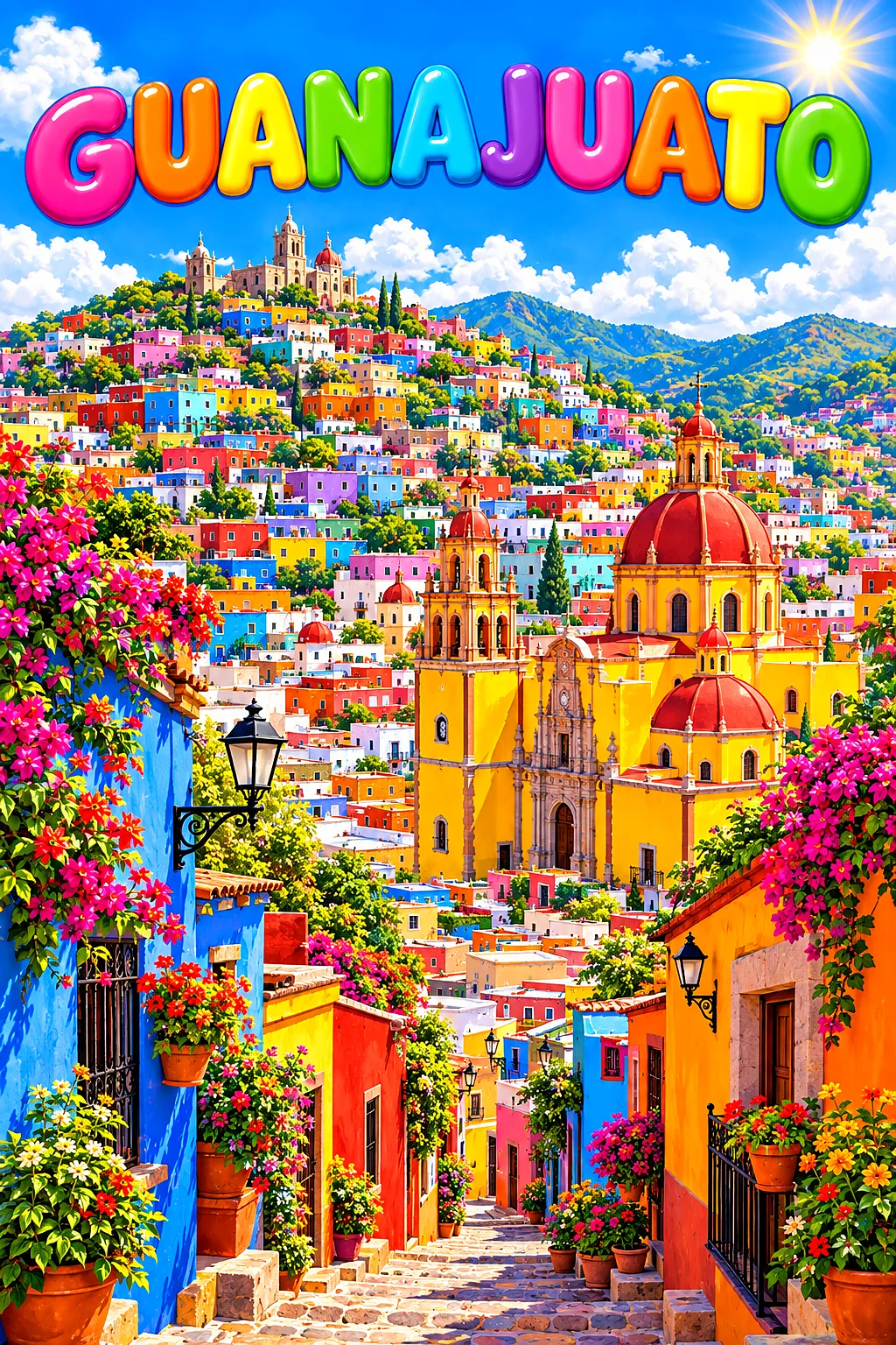 A whimsical diamond painting kit design showing a hillside of rainbow-colored houses in Guanajuato, Mexico, under a blue sky with fluffy clouds and sp