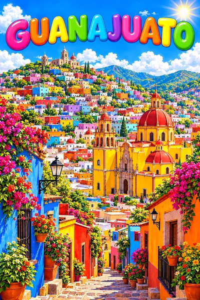 A whimsical diamond painting kit design showing a hillside of rainbow-colored houses in Guanajuato, Mexico, under a blue sky with fluffy clouds and sp